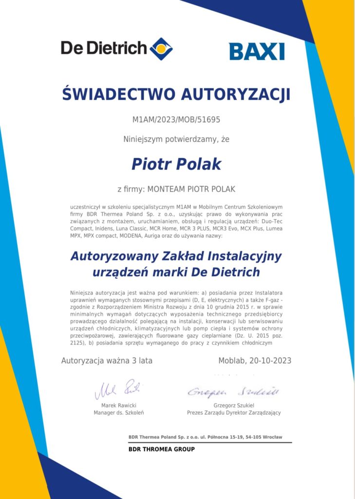 Monteam - De Dietrich świadectwo autoryzacji